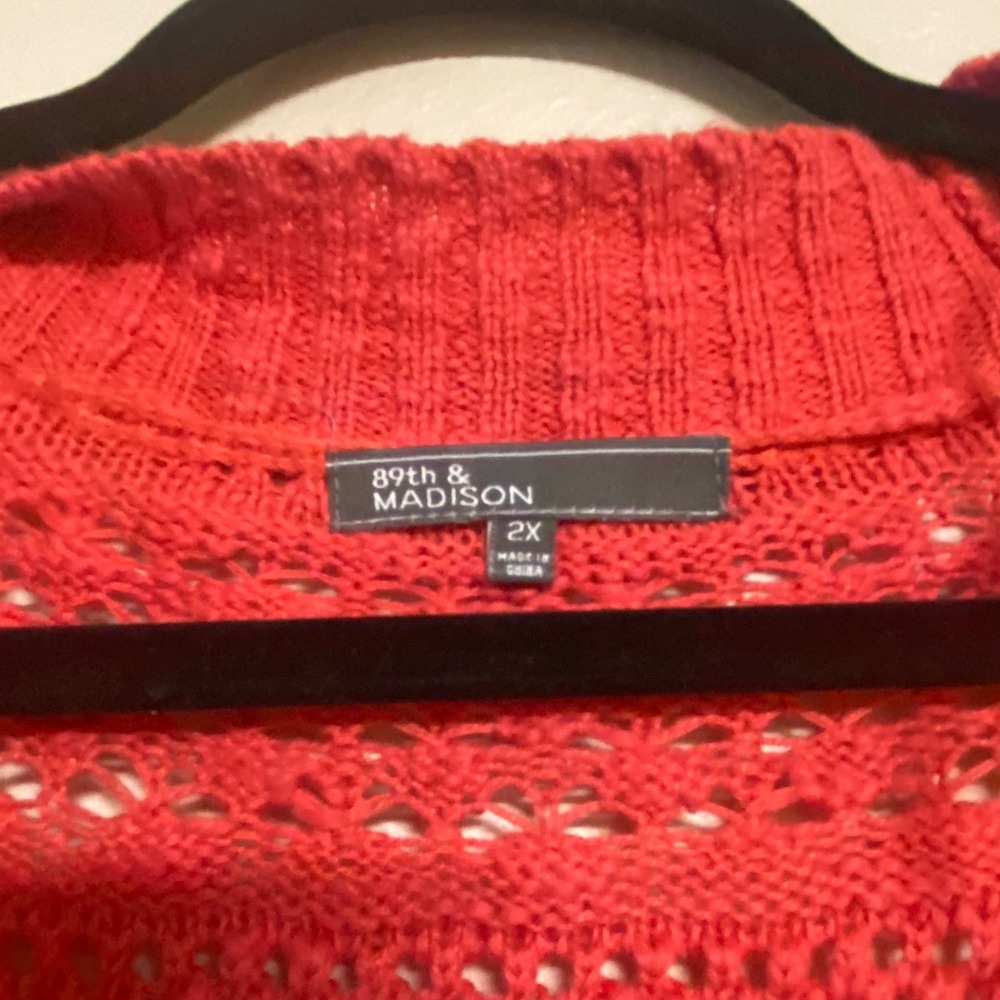 89th & Madison Womens 2X Red Orange Pointelle Crochet Short Sleeve Cardigan NWT - Picture 5 of 8